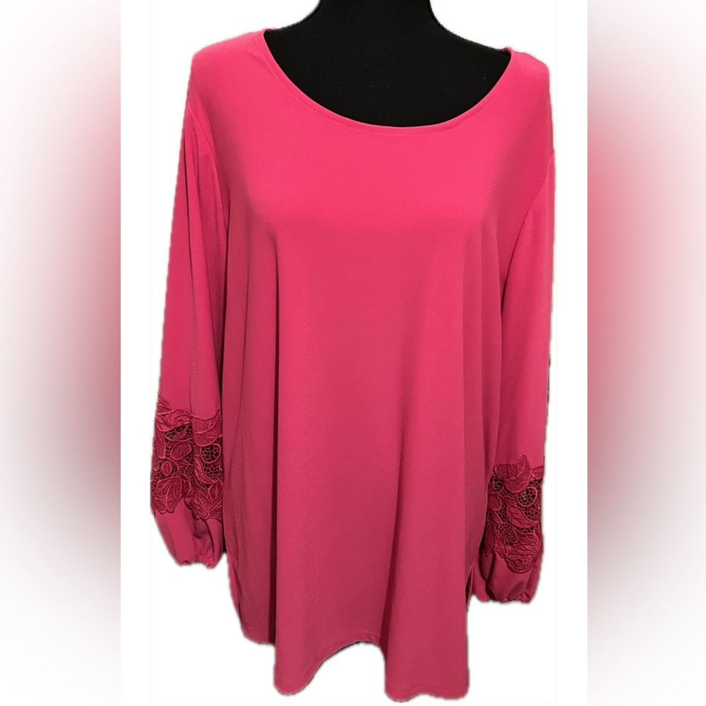 VIBRANT PINK LACE DETAIL SLEEVES by Dennis Basso size 1X‎ MINIMALIST ELEGANT